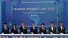 Former EcoPro Chairman Lee Dong-chae, third from left, and Samsung SDI CEO Choi Yoon-ho, middle, hold a ribbon-cutting ceremony to mark the completion of a cathode materials factory in Pohang, North Gyeongsang on Friday. [SAMSUNG SDI]