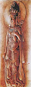 Kim's reproduction of a cultural heritage 'Eleven-faced Avalokitesvara Bodhisattva' at Seokguram Grotto using nakhwa technique [PARK SANG-MOON]