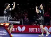 Lim Jong-hoon, left, and Jang Woo-jin celebrate during the men's doubles semifinal match against Japan's Togami Shunsuke and Uda Yukiya at the 2021 World Table Tennis Championships Finals in Houston, Texas, on Sunday. [XINHUA/YONHAP]