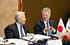 Lee In-ho, executive vice chairman of the Korea International Trade Association, right, and Yutaka Aso, chairman of Aso Cement, discuss potential economic cooperation at the Korea-Japan New Industrial Trade Conference in Lotte Hotel in central Seoul on March 13. [KITA]