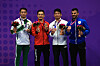 Gold medallist Japan's Kazumasa Moto, center, poses with silver medallist Macau's Kuok Kin Hang, left, and bronze medallists Korea's Park Hee-jun, second from right, and Kuwait's Sayed Salman Al Mosawi during the medal ceremony for the men's karate kata contest at the Hangzhou Asian Games in Hangzhou China on Thursday.  [REUTERS/YONHAP]
