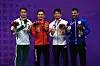 Gold medallist Japan's Kazumasa Moto, center, poses with silver medallist Macau's Kuok Kin Hang, left, and bronze medallists Korea's Park Hee-jun, second from right, and Kuwait's Sayed Salman Al Mosawi during the medal ceremony for the men's karate kata contest at the Hangzhou Asian Games in Hangzhou China on Thursday. [REUTERS/YONHAP]