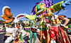 Performers wearing masks modeled after traditional Korean masks pose for photos during a Halloween performance at Seoul Land in Gwacheon, Gyeonggi, on Wednesday. Seoul Land announced on Wednesday that it will host the '2022 Seoul Land Halloween Mardi Gras,' a festival combining the traditions of Halloween and Carnival, until Nov. 6. [YONHAP]