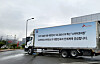 A truck carrying 610,000 doses of SKYCovione vaccines developed and manufactured by SK bioscience leaves a plant in Andong, North Gyeongsang, on Friday. [SK BIOSCIENCE]