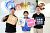 From left, Petpeotalk CEO Kwon Ryun-hwan, Zackdang Company CEO Yoon Jung-ha and Medility CEO Park Sang-eon pose for a photo at Google Korea's office in southern Seoul on Thursday. [GOOGLE KOREA]