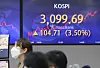 A digital screen at Hana Bank's dealing room in central Seoul shows Kospi surged by 3.5 percent on Thursday to 3,099.69, bouncing back from the previous day's fall to below the 3,000-mark. [YONHAP]