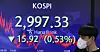 A screen at Hana Bank's trading room in central Seoul shows the Kospi closing at 2,997.33 points on Tuesday, down 15.92 points, or 0.53 percent, from the previous trading day. [YONHAP]