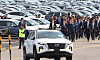 President Yoon Suk Yeol is escorted by Hyundai Motor Group Executive Chair Euisun Chung during his visit to Hyundai's manufacturing plant in Ulsan on March 9. [YONHAP]