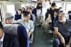 Gyeonggi Gov. Kim Dong-yeon, second from left, talks with French Ambassador to Korea Philippe Lefort on a train to Dorasan Station in Paju, Gyeonggi, Saturday, to participate in the so-called DMZ Peace Walk event. [GYEONGGI PROVINCIAL GOVERNMENT OFFICE]