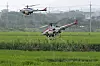 Two unmanned helicopters spray pesticide over a rice paddy in Dalseong County, Daegu, on Tuesday. The county office decided to offer free pest control to rice farms covering 2,683 acres due to a shortage of labor. [NEWS1]