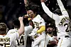 Pittsburgh Pirates' Bae Ji-hwan celebrates at home plate after hitting a game-winning, three-run home run against the Houston Astros during the ninth inning of a game in Pittsburgh on Tuesday. [AP/YONHAP]