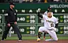 Pittsburgh Pirates' Choi Ji-man reacts after hitting a double in the first inning against the Houston Astros at PNC Park in Pittsburgh on Tuesday. [AFP/YONHAP]