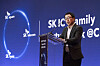 SK Telecom President Ryu Young-sang announces the telecom company's plan to raise more than 1 trillion won ($890 million) this year to develop information and communication technologies together with SK Square and SK hynix, at CES 2022 in Las Vegas on Friday, Ryu described the three companies as the 'SK ICT Alliance.' [YONHAP]