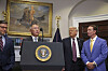 Hyundai Motor Group Executive Chair Euisun Chung announces a $21 billion investment in the United States as U.S. President Donald Trump, second from right, and Louisiana Gov. Jeff Landry, far right, stand in the Roosevelt Room at the White House in Washington on March 24. [AP/YONHAP]