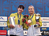 Kim Sun-woo, left and Kim Se-hee celebrate winning the women's relay bronze medal at the Union Internationale de Pentathlon Moderne (UIPM) 2022 Pentathlon World Championships in Alexandria, Egypt on Tuesday. [KMPF]