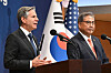U.S. Secretary of State Antony Blinken speaks during a joint press conference with Foreign Minister Park Jin at the ministry's headquarters in Seoul on Thursday. [YONHAP]