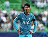 Tottenham Hotspur's Son Heung-min, wearing a black armband following the death of Britain's Queen Elizabeth II, reacts during a game against Sporting at Estadio Jose Alvalade in Lisbon on Tuesday. [REUTERS/YONHAP]