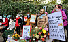 Korean activists and expats on Tuesday protest near a 'comfort woman' statue in Berlin, demanding the Mitte District rescind its order to remove the installation from a public street. [YONHAP]