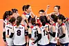 The Korean women's volleyball team cheer after their bronze medal decider match against Japan at the 2020 Tokyo Olympics. [JOINT PRESS CORPS]