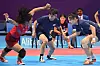 Korea's Jo Hyun-a, center, competes in a women's kabaddi game against Thailand at the Hangzhou Asian Games in Hangzhou, China on Monday. [AFP/YONHAP]