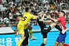 Anton Kryvotsyuk heads in Team K League's first game in a Coupang Play Series clash with Atletico Madrid at Seoul World Cup Stadium in western Seoul on Thursday. [YONHAP]