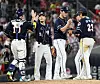 The Doosan Bears celebrate after beating the Kia Tigers 5-3 at Gwangju-Kia Champions Field in Gwangju on Friday. [YONHAP]