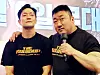 Stars of 'The Roundup,' actors Son Suk-ku, left, and Ma Dong-seok greet the moviegoers who came to watch their film at CGV Pangyo in Gyeonggi on June 6. [YONHAP]