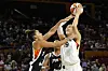 Las Vegas Aces center Park Ji-su, right, shoots over Phoenix Mercury guard Bria Hartley during the second half of a WNBA basketball game on Oct. 3, 2021, in Phoenix. [AP/YONHAP]