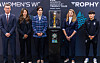 From left: Korean national women's football team head coach Colin Bell, striker Choe Yu-ri, Korea Football Association Vice President Hong Eun-ah, FIFA Trophy Tour Manager Sarah Gandoin and midfielder Ji So-yun pose for a photo with the FIFA Women's World Cup trophy at Starfield COEX Mall in Gangnam, southern Seoul on Monday. The trophy stopped in Korea as part of a global tour ahead of the 2023 Australia-New Zealand FIFA Women's World Cup this summer.  [YONHAP]