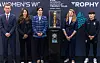 From left: Korean national women's football team head coach Colin Bell, striker Choe Yu-ri, Korea Football Association Vice President Hong Eun-ah, FIFA Trophy Tour Manager Sarah Gandoin and midfielder Ji So-yun pose for a photo with the FIFA Women's World Cup trophy at Starfield COEX Mall in Gangnam, southern Seoul on Monday. The trophy stopped in Korea as part of a global tour ahead of the 2023 Australia-New Zealand FIFA Women's World Cup this summer. [YONHAP]