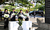 Korean President Yoon Suk Yeol, center left, and Japanese Prime Minister Fumio Kishida, center right, accompanied by first ladies Kim Keon-hee and Yuko Kishida, pay respects in front of a cenotaph for Korean victims of the 1945 Hiroshima atomic bombing at the Hiroshima Peace Memorial Park in Japan on Sunday. [JOINT PRESS CORPS]