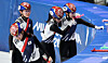 From left, short track skaters Shim Suk-hee, Choi Min-jeong, Kim Gil-li and Lee So-yeon celebrate after crossing the finish line in first place in the women’s 3,000-meter relay semifinal at the Milan Ice Skating Arena during the Milan-Cortina 2026 Winter Olympics in Milan on Feb. 14. [NEWS1]