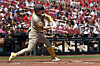 San Diego Padres' Kim Ha-seong hits an RBI single during the second inning of a game against the St. Louis Cardinals in St. Louis, Missouri on Wednesday. Kim picked up two hits in the game, continuing an incredible run of form that has seen him bat .289 over the last 30 games with 33 hits, 14 RBIs and three home runs.  [AP/YONHAP]