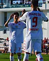 Mainz midfielder Lee Jae-sung, left, celebrates with teammate Karim Onisiwo during a friendly against Luzern at the Marbella Football Center in southern Spain in an image shared by the club Tuesday. [MAINZ 05]