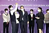 BTS's leader RM celebrating after being officially appointed as the representative of the World Expo 2030 Busan at the Hybe office in Seoul on Tuesday. [YONHAP]