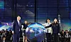 President Yoon Suk Yeol, left, takes part in a ceremony launching a space industry cluster comprised of Daejeon, South Gyeongsang and South Jeolla at the Korea Aerospace Industries headquarters in Sacheon, South Gyeongsang, on Wednesday. [JOINT PRESS CORPS]