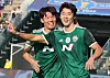 Jeonbuk Hyundai Motors's Cho Gue-sung, right, celebrates after scoring the club's second goal in a 3-1 victory over FC Seoul on Oct. 30 in the second leg of the FA Cup finals. Jeonbuk beat FC Seoul to the trophy on a 5-3 aggregate score. [YONHAP]