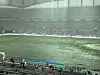 The pitch at Seoul World Cup Stadium in western Seoul is covered in water after heavy rainfall drenched the area an hour and a half before Manchester City and Atletico Madrid are set to face off in the Coupang Play Series. [JIM BULLEY]