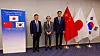 Bank of Korea Gov. Rhee Chang-yong, right, poses for a photo with Bank of Japan Gov. Kazuo Ueda, center, and People's Bank of China (PBOC) Gov. Pan Gongsheng, left, ahead of their meeting held in Washington on Oct. 15. [YONHAP]