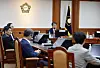Rho Tae-ak, head of the National Election Commission, presides over a meeting of commissioners at the agency's headquarters in Gwacheon on Tuesday. The meeting's main agenda was discussing the hiring of children of the agency's former and incumbent high-ranking officials. [YONHAP]