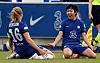 Chelsea midfielder Ji So-yun, right, celebrates with defender Magdalena Eriksson after scoring their second goal during the UEFA Women's Champions League semifinal second leg match against Bayern Munich at Kingsmeadow Stadium in London on May 2. [AFP/YONHAP]