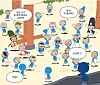 The finishing scene of 'Yumi's Cells' where Yumi's Cells wave goodbye to the reader, another cell looking into the village from the outside. [NAVER WEBTOON]