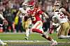 Kansas City Chiefs quarterback Patrick Mahomes scrambles against the San Francisco 49ers during overtime in the Super Bowl on Sunday in Las Vegas. [AP/YONHAP]