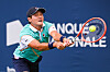 Kwon Soon-woo hits a shot against Adrian Mannarino of France in second qualifying round at IGA Stadium in Montreal on Aug. 7. [USA TODAY/YONHAP]