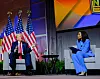 Former President Donald Trump, the Republican presidential candidate, and ABC’s Rachel Scott, during an interview at a gathering of the National Association of Black Journalists in Chicago on Wednesday, July 31, 2024. (Akilah Townsend/The New York Times)