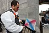 Lee Tae-jong, a researcher at the National Research Institute of Cultural Heritage, demonstrates how to remove spray paint from a stone slab by using a laser tool, in front of Yeongchu Gate at Gyeongbok Palace in Jung District, central Seoul, on Thursday. [NEWS1]