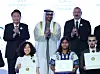 Korean President Yoon Suk Yeol, left, and United Arab Emirates President President Mohammed bin Zayed Al Nahyan, center, clap during the opening ceremony of the Abu Dhabi Sustainability Week as part of World Future Energy Summit 2023 in Abu Dhabi, UAE on Monday. [EPA/YONHAP]