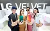 Fashion models pose together with LG’s new smartphone, the Velvet, in their hands at the smartphone’s online launch event Thursday. LG’s new smartphone will be available on May 15. [LG ELECTRONICS]