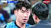 Son Heung-min is seen in a screen capture of a SPOTV broadcast talking to medical staff after injuring his face during a game against Marseille on Nov. 1. [SCREEN CAPTURE]