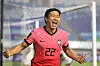 Kwon Chang-hoon celebrates after scoring a goal for Korea at the World Cup qualifier against Lebanon at Suwon World Cup Stadium in Suwon on Tuesday evening. [YONHAP]